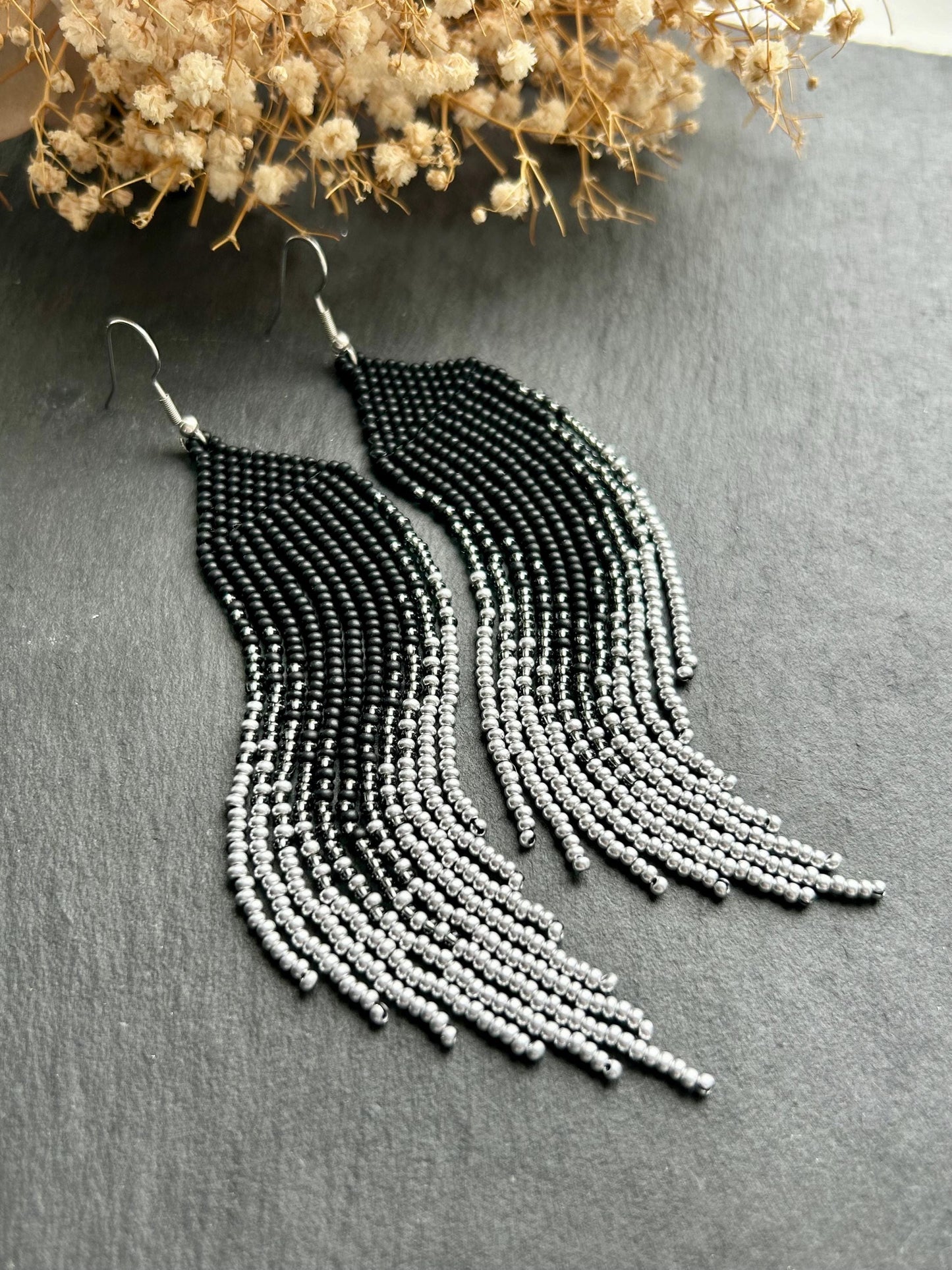 Long black matte beaded earrings with silver ombre fringe. Unique, vibrant, cute statement handmade boho earrings for women, eye-catching and perfect as a gift for her or for everyday wear image 1