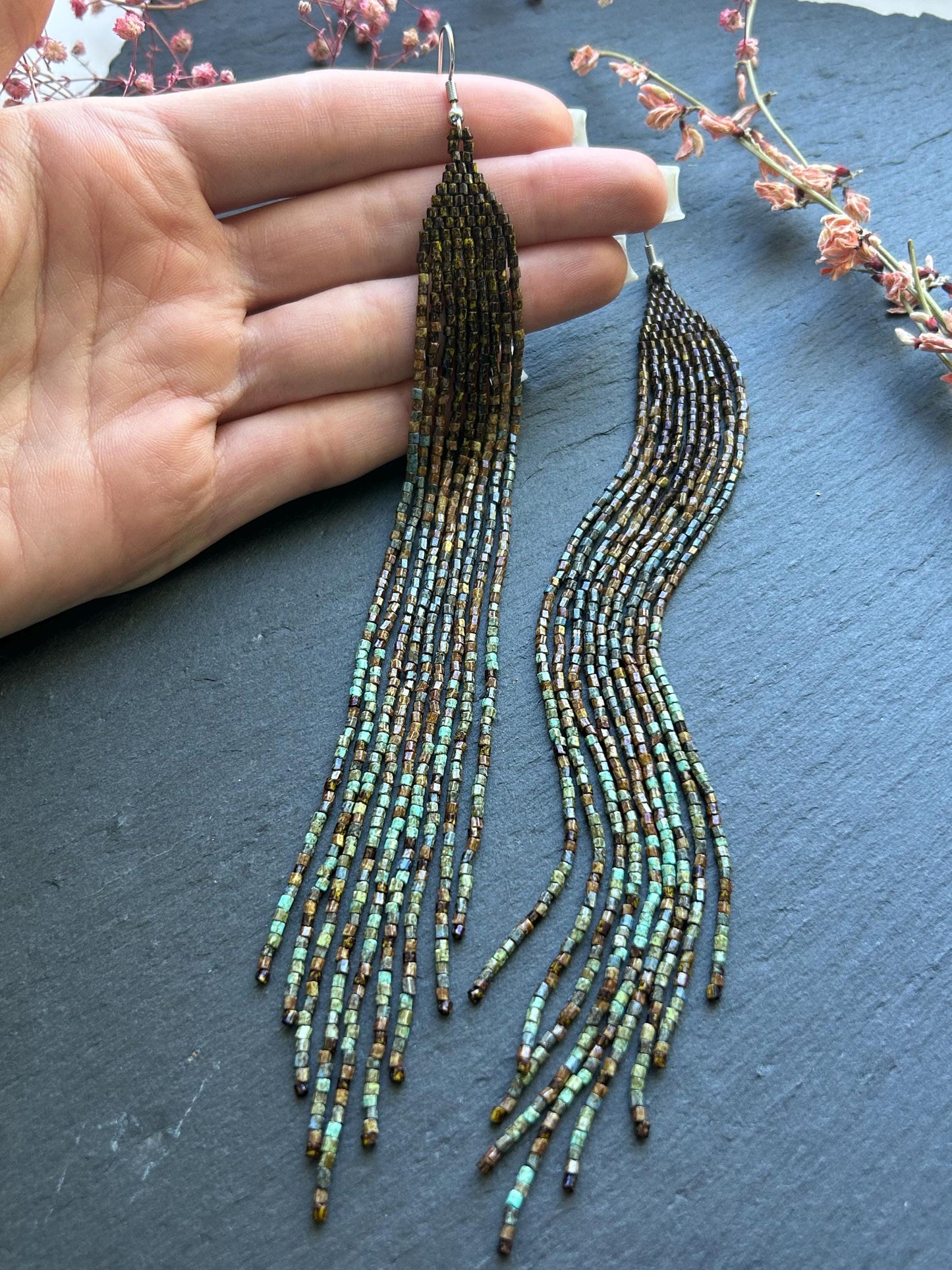 Handmade long green and turquoise beaded boho earrings with flowing fringe image 7