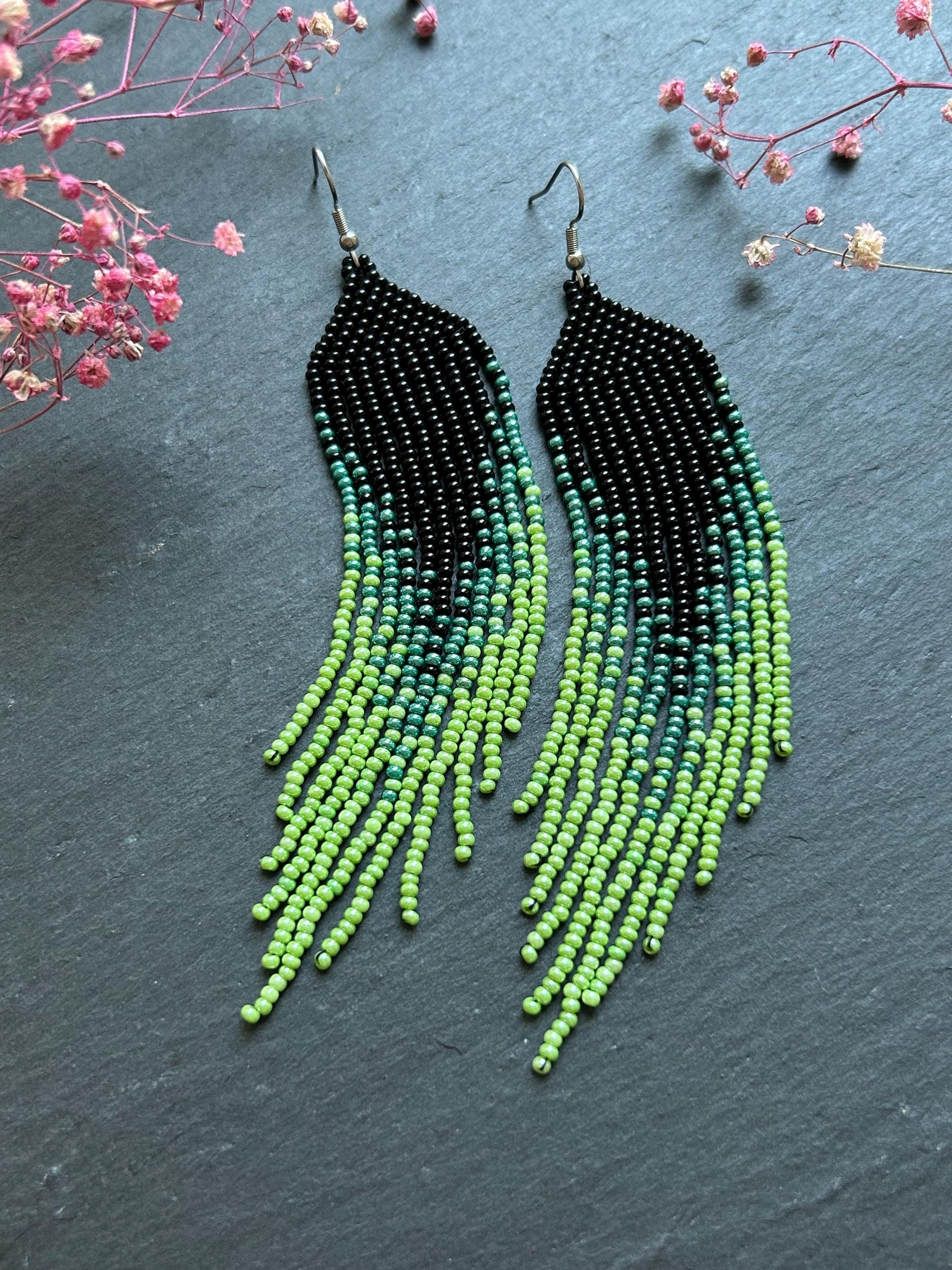 Long ombre beaded earrings in black and green with delicate fringe. Unique handmade jewelry for women, combining modern style with effortless elegance image 6