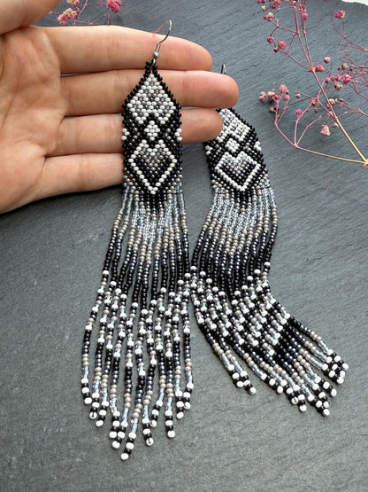 Long black and gray beaded fringe earrings in Native American style. Handmade statement earrings for women, unique ethnic design and perfect gift image 7