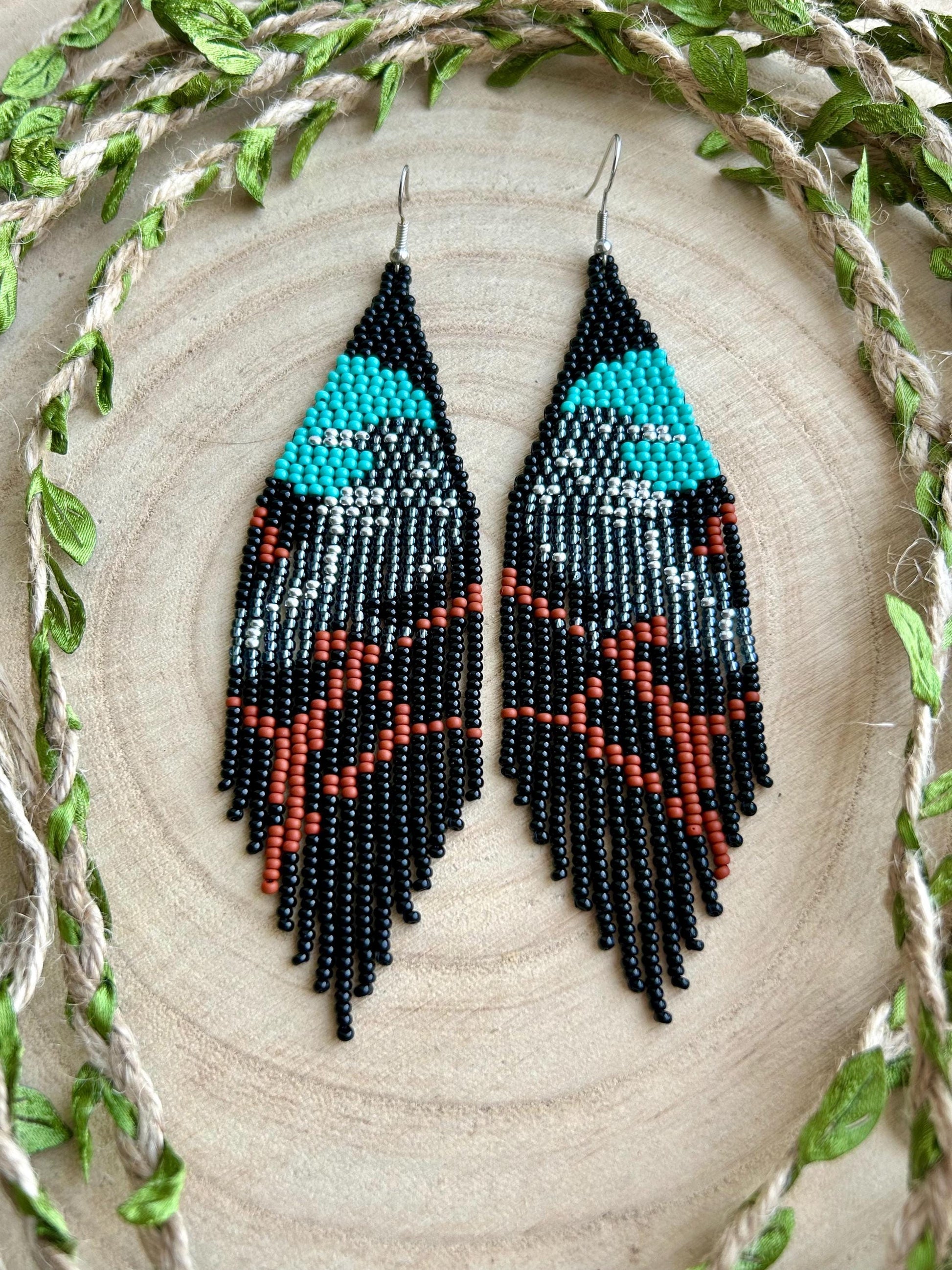 Long black beaded fringe earrings featuring gray raven and moon, handmade boho jewelry, perfect unique statement accessory image 9