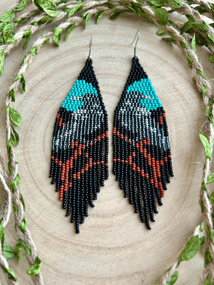 Long black beaded fringe earrings featuring gray raven and moon, handmade boho jewelry, perfect unique statement accessory image 9