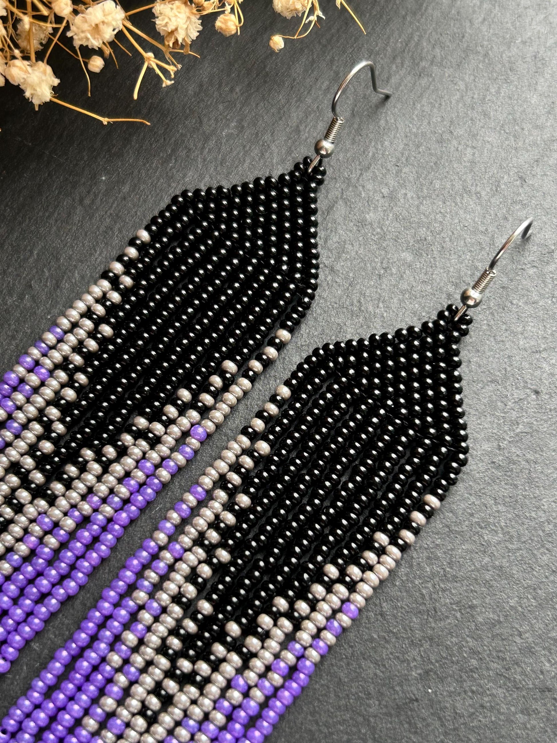Long handmade black earrings with purple ombre and flowing fringe. Unique boho statement jewelry with elegant design, perfect gift for handmade jewelry lovers image 3