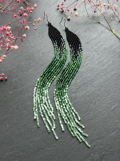 Handmade long black and green beaded earrings with ombre effect and fringe. Unique boho statement earrings for women, vibrant, stylish, and perfect gift image 1