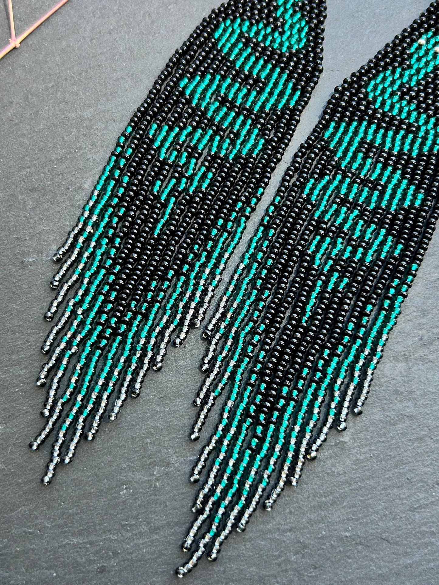 Handmade long beaded earrings with green snake design in boho style. Unique statement jewelry with fringe, perfect gift and standout accessory for any look image 5