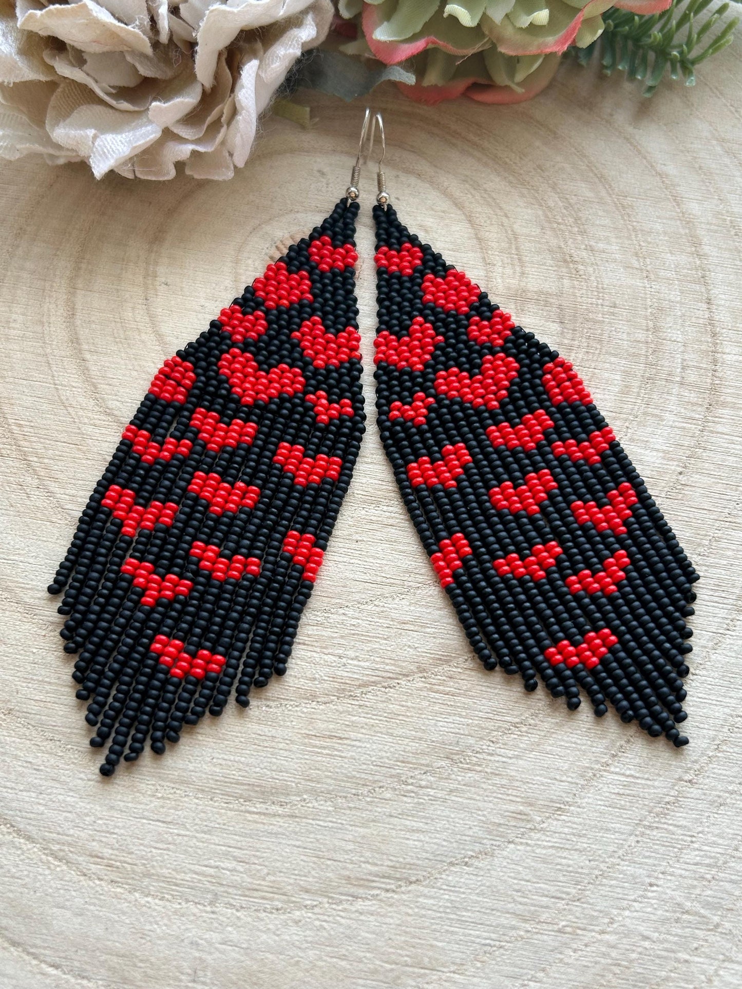 Handmade black beaded earrings with red heart fringe. Unique boho statement jewelry, perfect for Valentine’s Day, romantic gifts, and special occasions  image 8