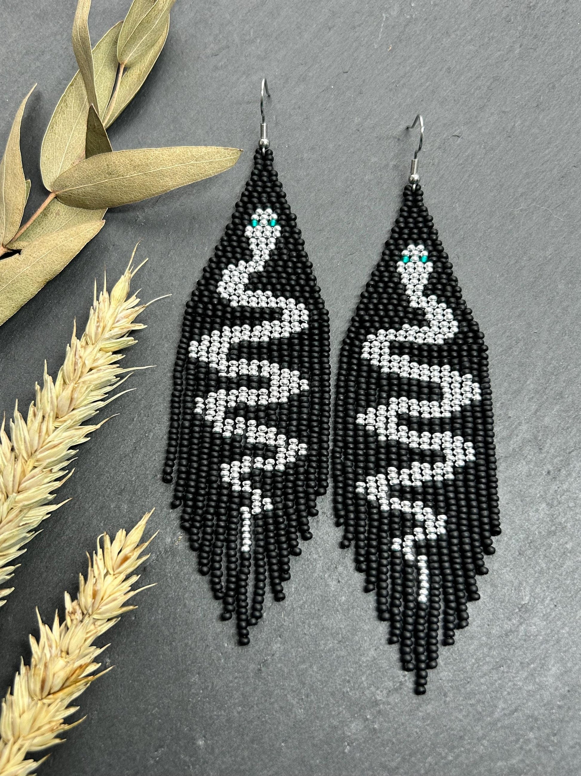 Handmade long black beaded earrings with silver snake design and boho fringe. Unique statement jewelry, elegant contrast, perfect gift for lovers of artisan style image 8