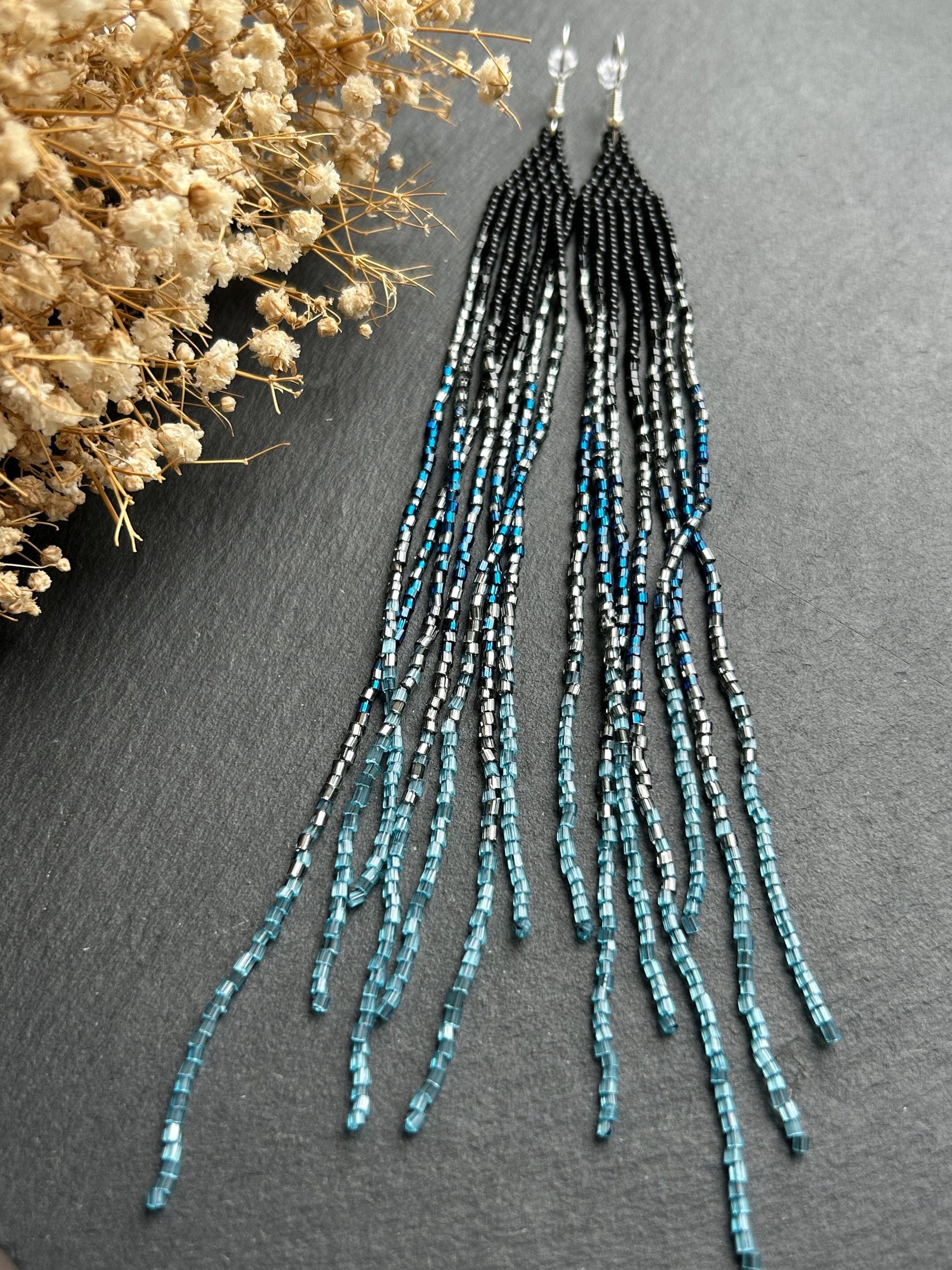 Long handmade black beaded earrings with blue gray ombre and flowing fringe. Boho statement jewelry, unique accessory for elegant style image 7