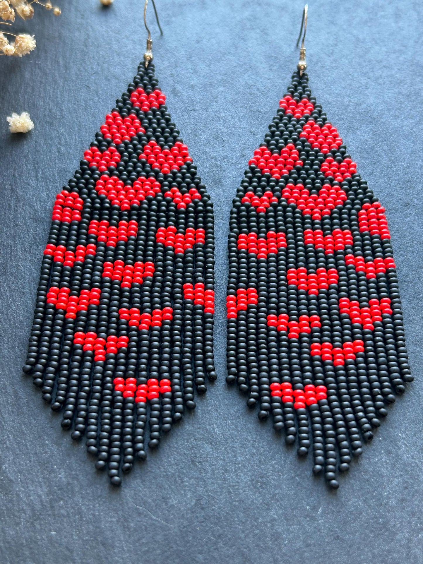 Handmade black beaded earrings with red heart fringe. Unique boho statement jewelry, perfect for Valentine’s Day, romantic gifts, and special occasions  image 5