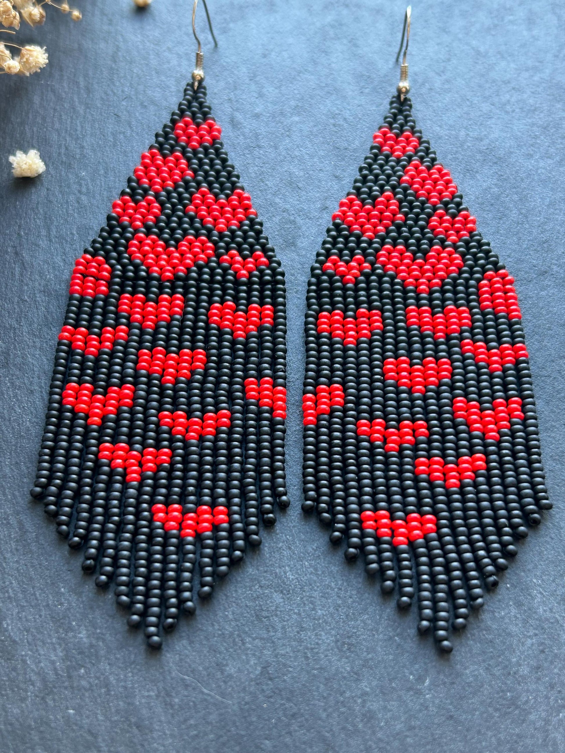 Handmade black beaded earrings with red heart fringe. Unique boho statement jewelry, perfect for Valentine’s Day, romantic gifts, and special occasions  image 5