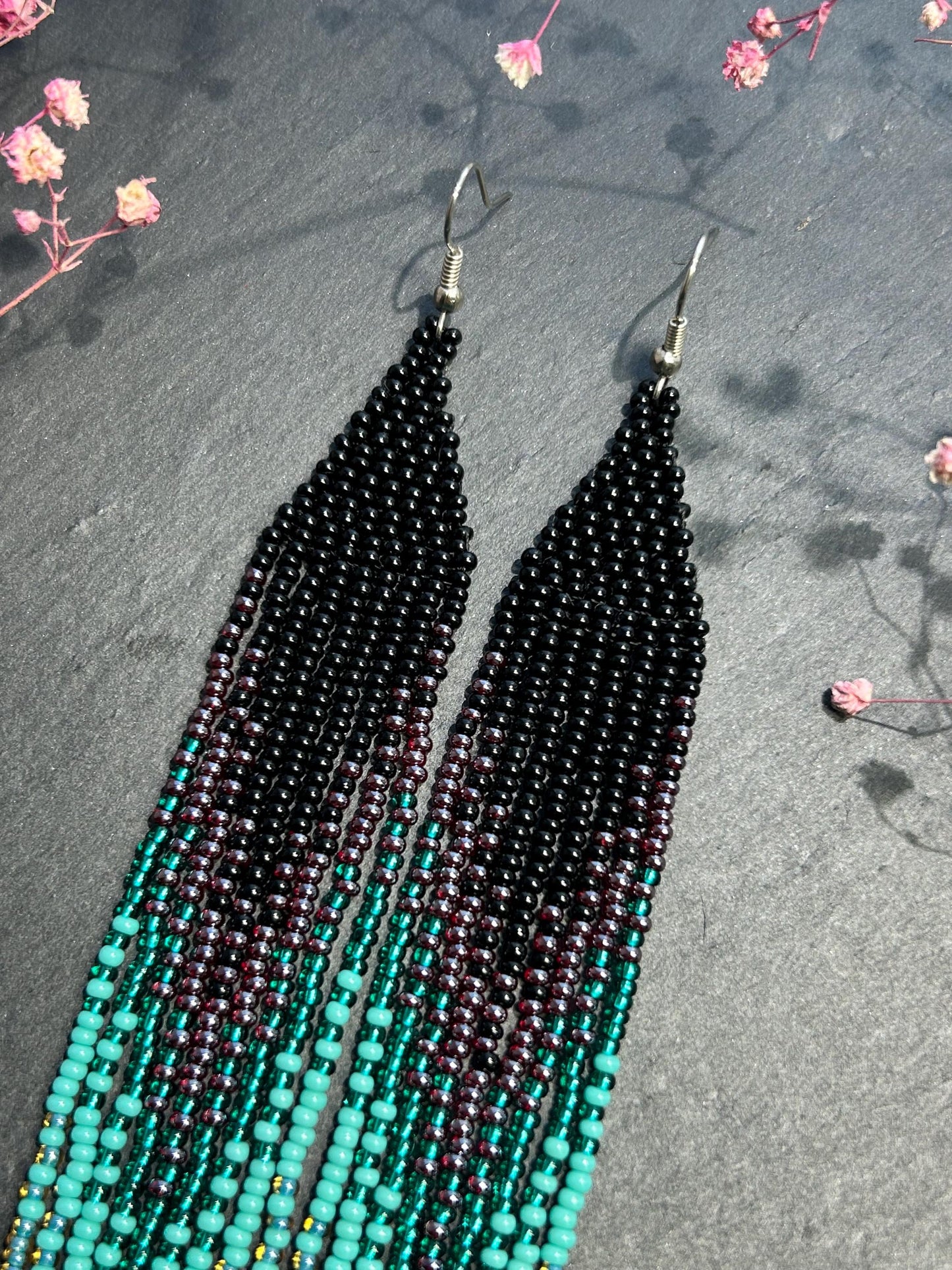 Handmade long black and green beaded fringe earrings with ombre design. Boho statement jewelry, lightweight and stylish image 3