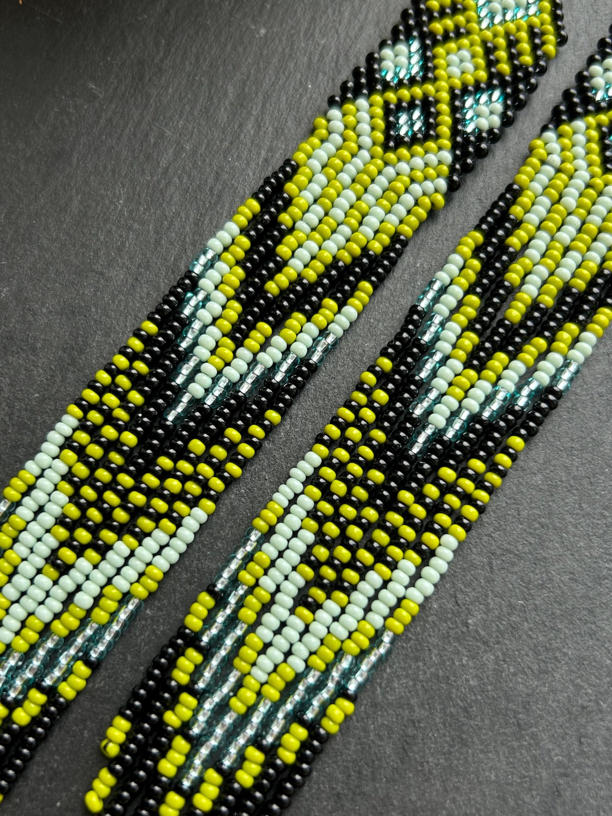 Long black, green, and mint green beaded earrings with Native American ethnic design and fringe. Handmade boho earrings for women, unique earrings for women image 4