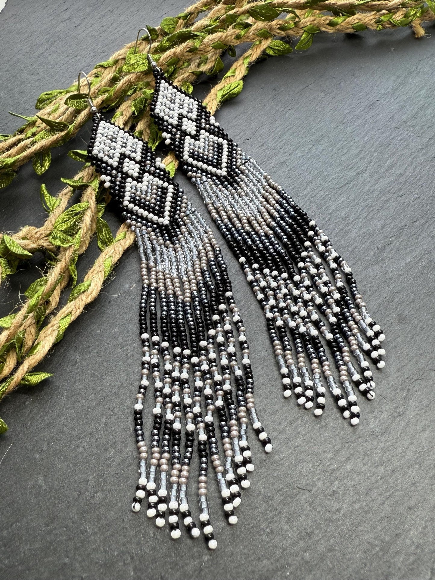 Long black and gray beaded fringe earrings in Native American style. Handmade statement earrings for women, unique ethnic design and perfect gift image 8
