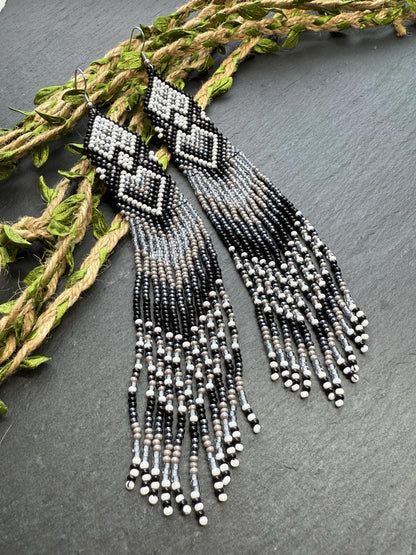 Long black and gray beaded fringe earrings in Native American style. Handmade statement earrings for women, unique ethnic design and perfect gift image 8