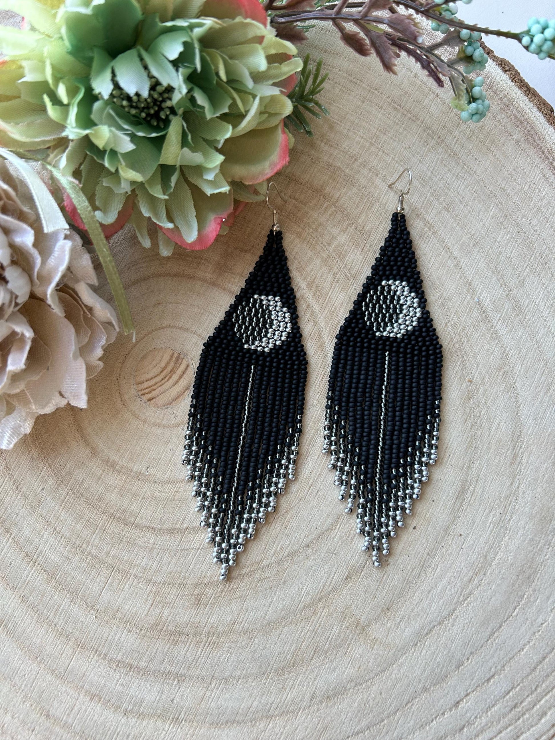 Unique handmade black beaded earrings with silver lunar eclipse motif and fringe. Boho celestial statement jewelry for mystical and artistic style image 1