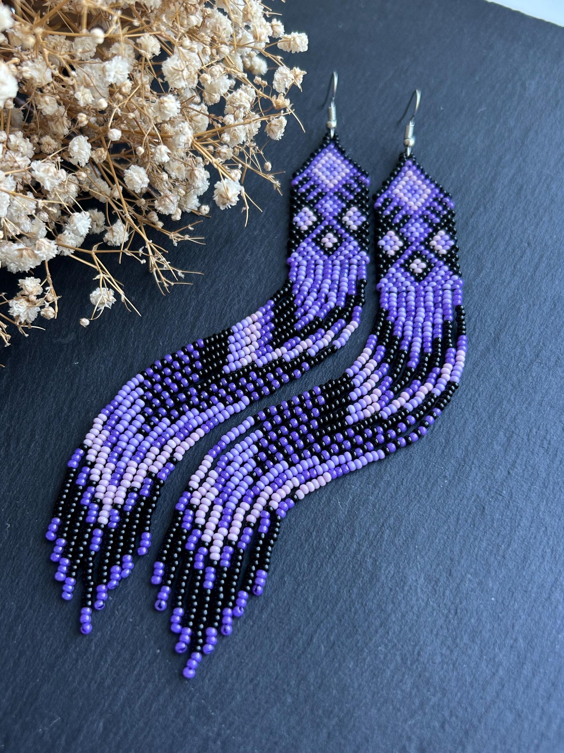 Handmade long black and purple native American beaded earrings with ethnic design and fringe. Cute statement earrings for women, unique gift for her image 2