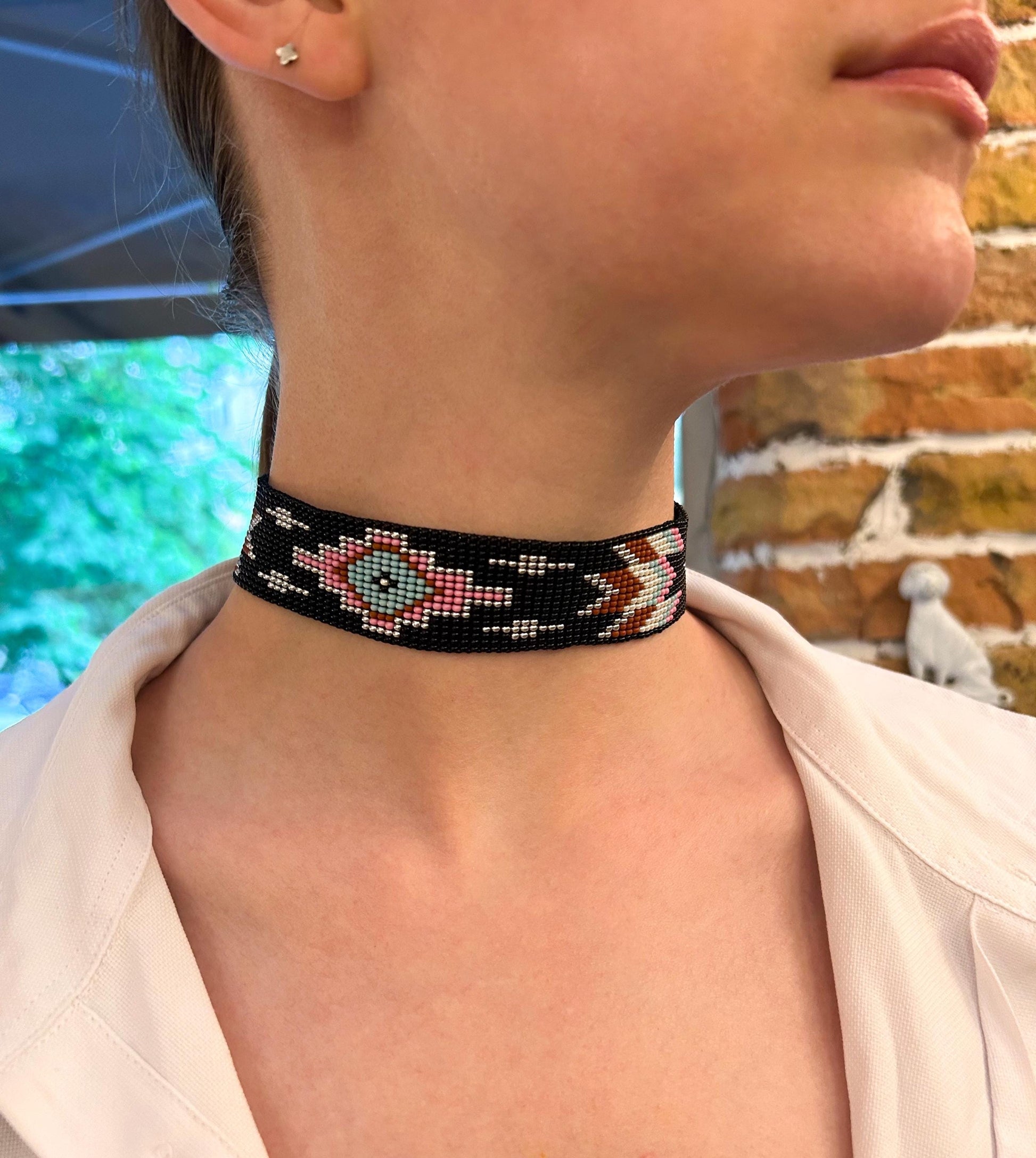 Unique handmade black beaded choker with geometric ornament in turquoise, pink, beige, and silver tones. Native American style boho statement choker necklace with adjustable chain image 1