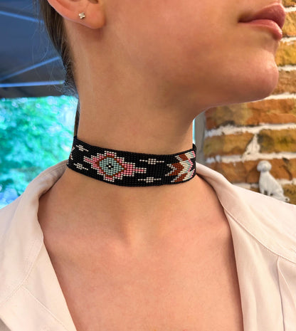 Unique handmade black beaded choker with geometric ornament in turquoise, pink, beige, and silver tones. Native American style boho statement choker necklace with adjustable chain image 1