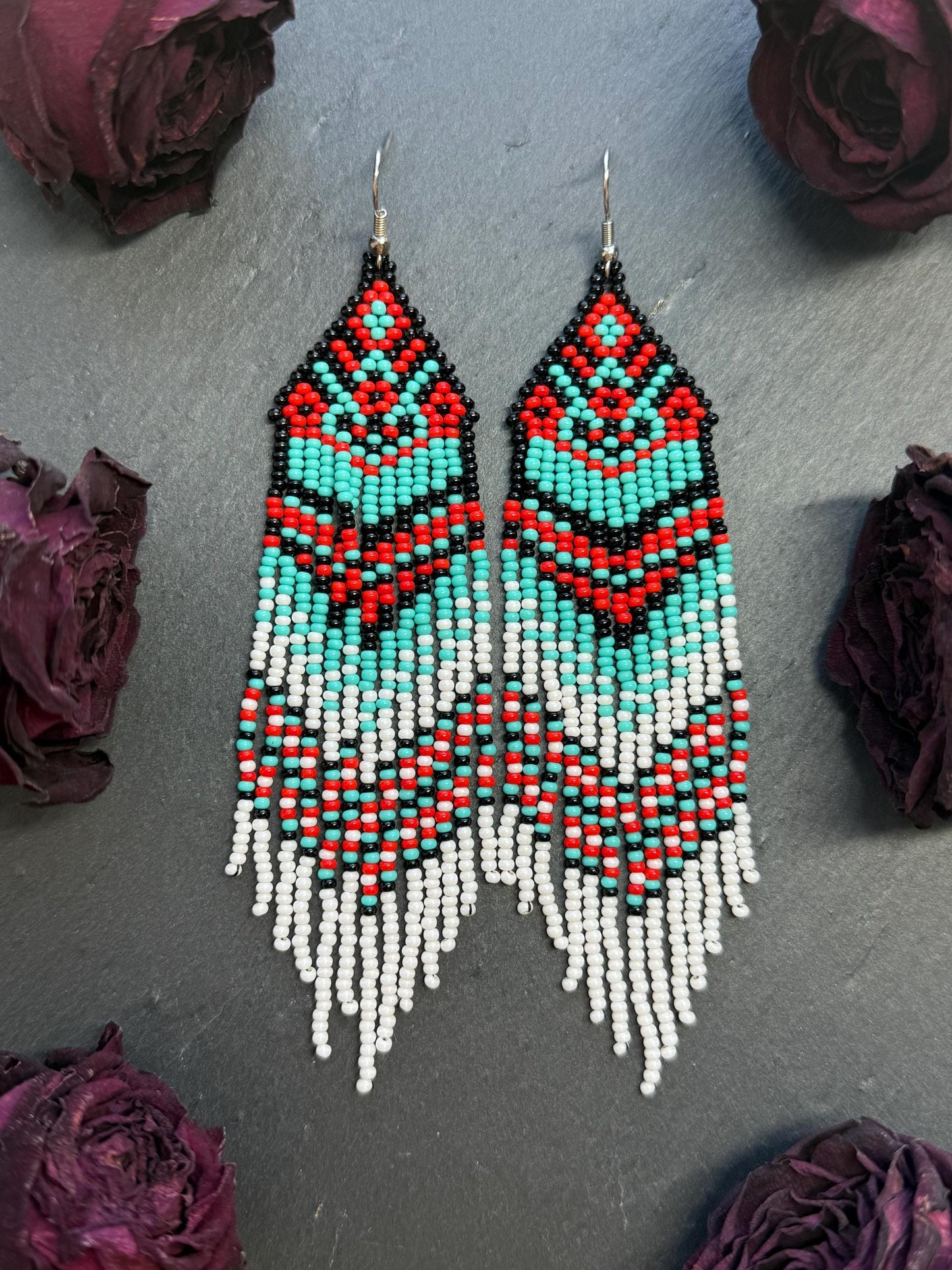 Handmade long beaded fringe earrings in red, black and turquoise with Native American motif. Boho statement dangle earrings for women, unique gift for her image 11