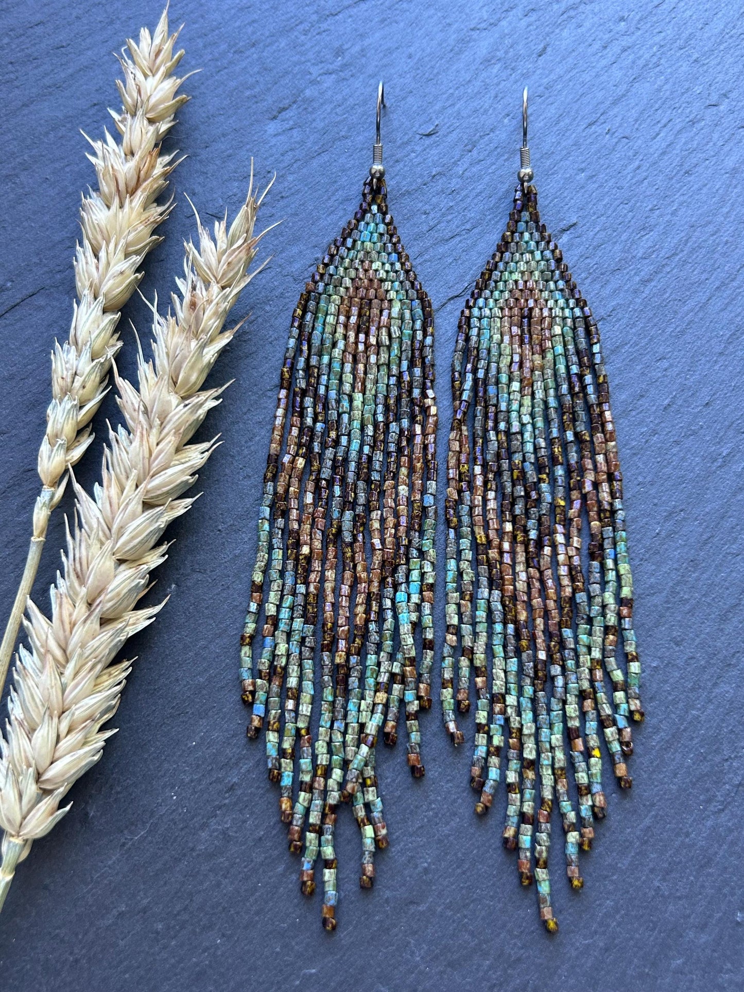 Handmade long beaded earrings in turquoise, green, and brown with fringe. Native American boho statement jewelry, unique artisanal accessory and perfect gift image 13