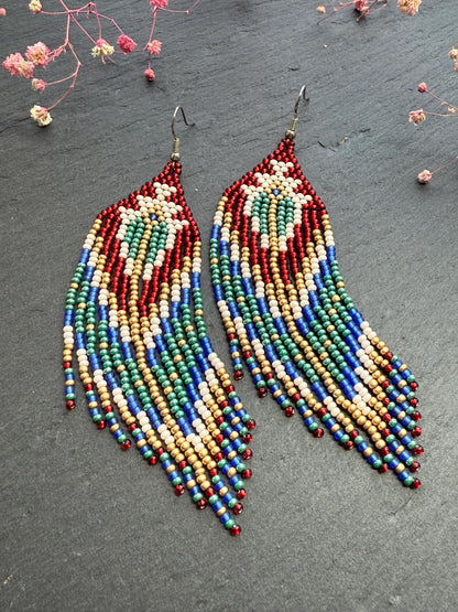 Unique handmade long beaded boho earrings in red, green, copper, blue, and beige. Native American statement earrings for women, unique gift for her image 8