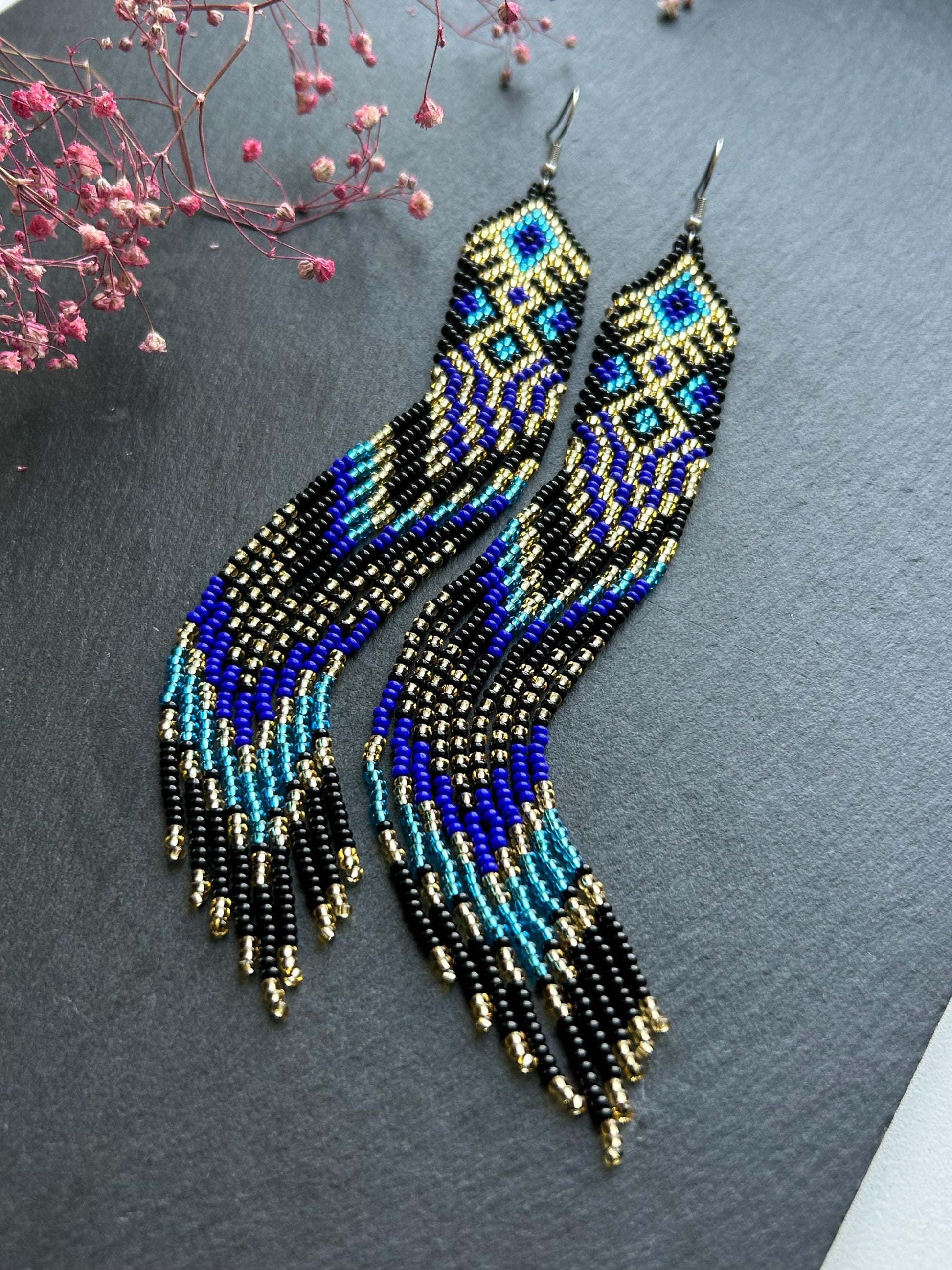 Handmade long black, blue, and gold beaded earrings with Native American ethnic design and fringe. Unique statement boho earrings for women image 2