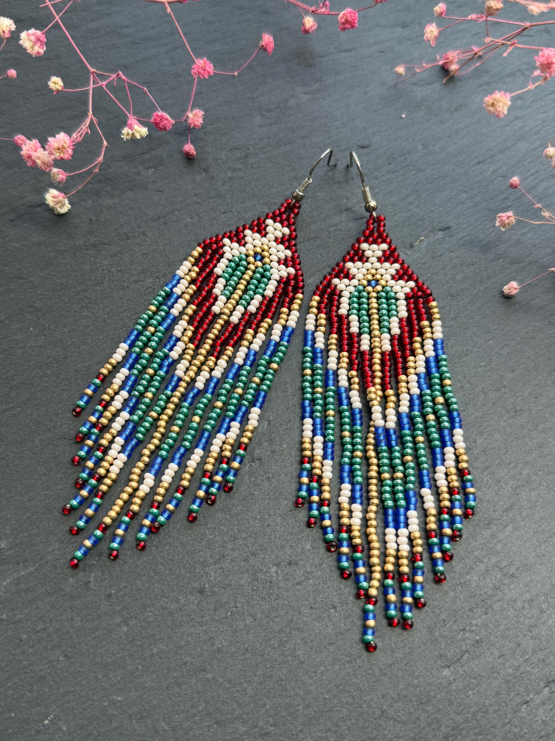 Unique handmade long beaded boho earrings in red, green, copper, blue, and beige. Native American statement earrings for women, unique gift for her image 7