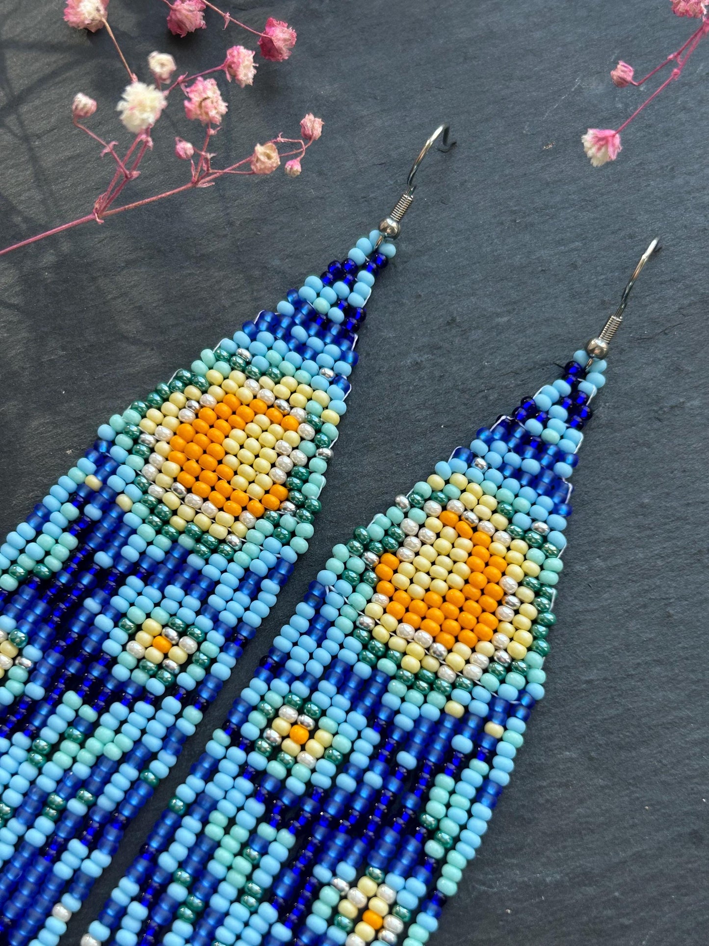Long handmade “Starry Night” earrings with blue, yellow, and turquoise beads. Unique Boho statement jewelry inspired by Van Gogh, perfect for creative and artistic style image 3