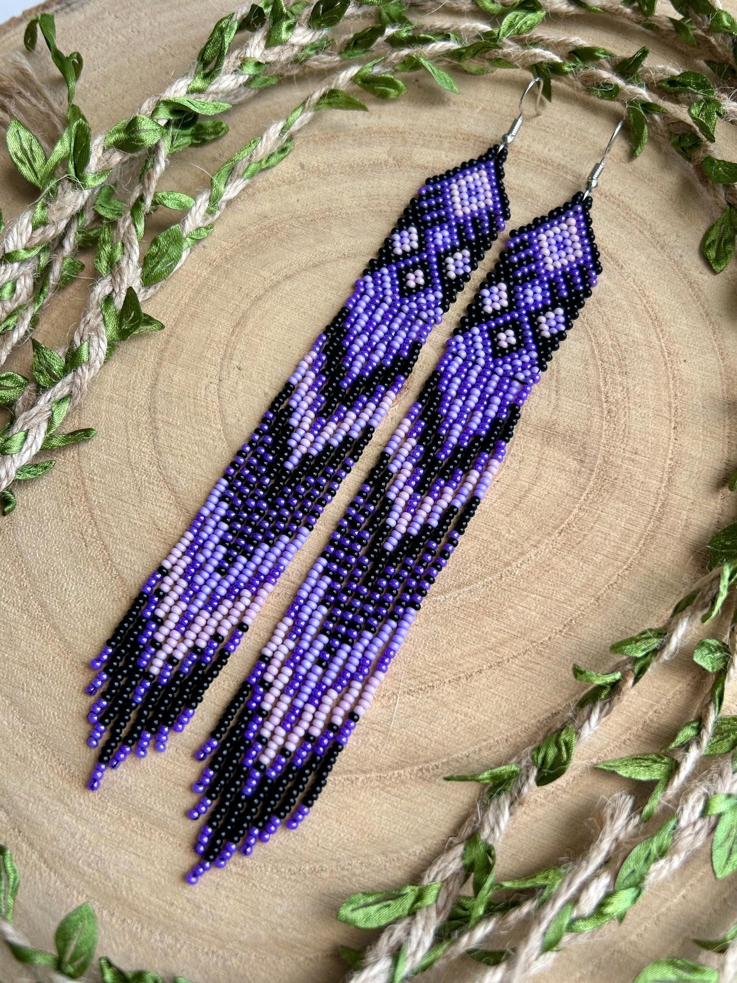 Handmade long black and purple native American beaded earrings with ethnic design and fringe. Cute statement earrings for women, unique gift for her image 7
