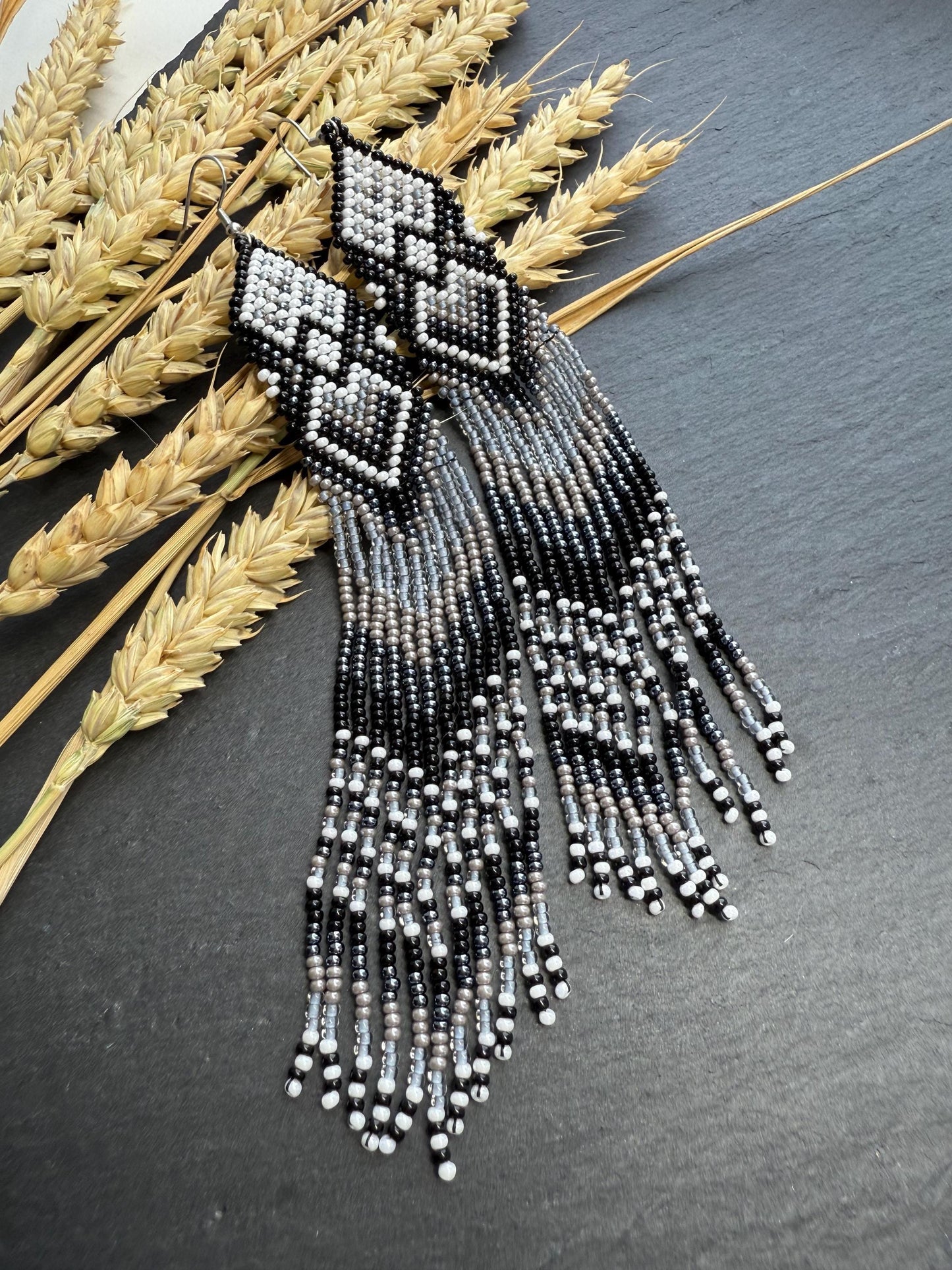 Long black and gray beaded fringe earrings in Native American style. Handmade statement earrings for women, unique ethnic design and perfect gift image 6