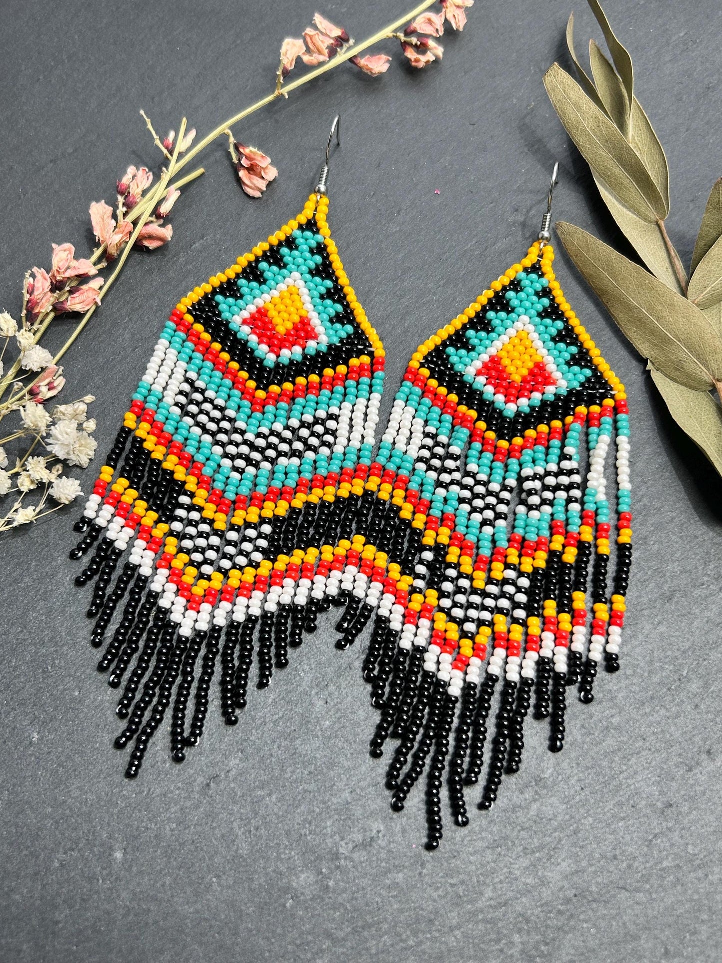 Bright handmade beaded fringe earrings in black, white, turquoise, red and orange with Native American motif. Statement boho earrings for women, perfect gift image 9