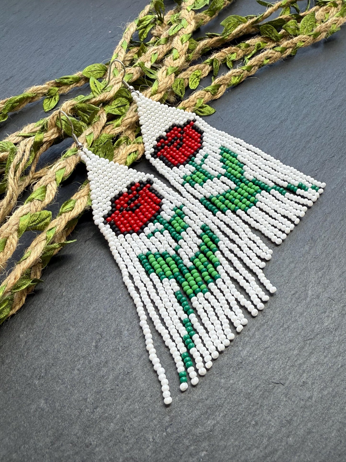 Unique long white beaded earrings with bright red rose and boho fringe. Handmade modern statement earrings for women, perfect gift for her image 8