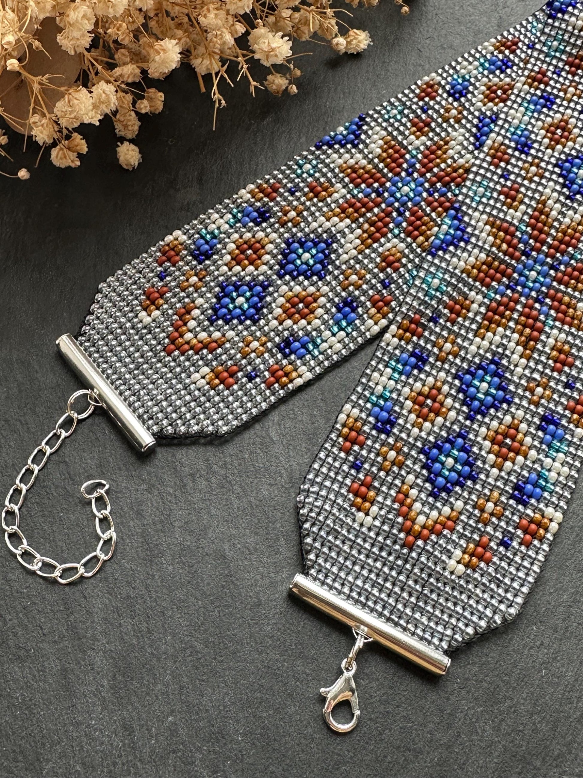 Unique handmade beaded choker with brown star ornament and blue accents on transparent base. Unique boho statement choker necklace for standout style image 6