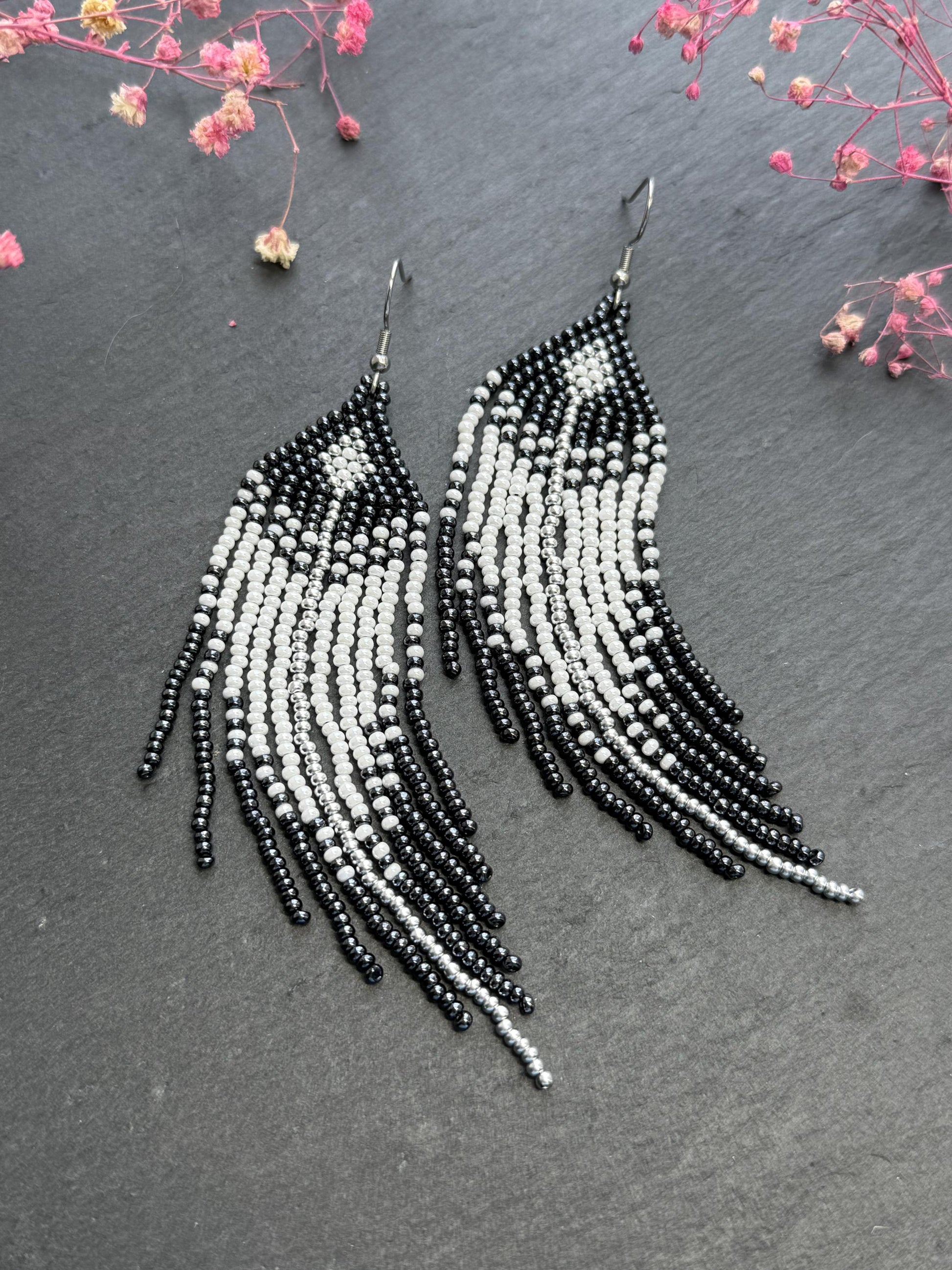 Handmade long black and white beaded fringe earrings in Native American boho style. Statement earrings for women, unique beadwork ethnic design image 6