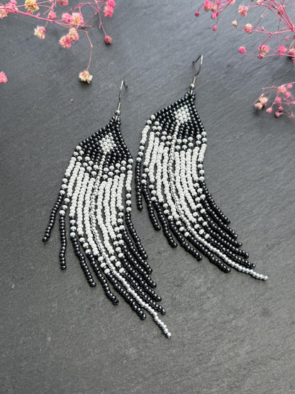 Handmade long black and white beaded fringe earrings in Native American boho style. Statement earrings for women, unique beadwork ethnic design image 6