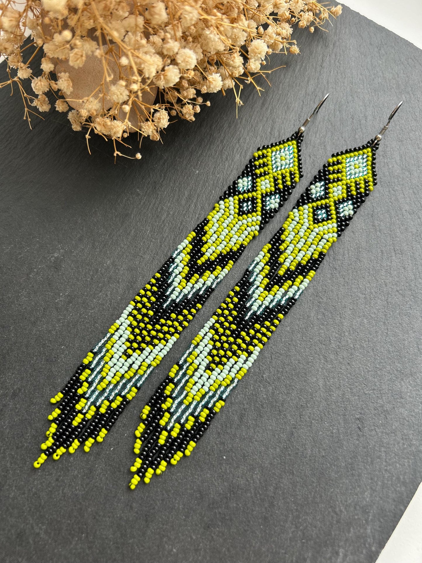 Long black, green, and mint green beaded earrings with Native American ethnic design and fringe. Handmade boho earrings for women, unique earrings for women image 2