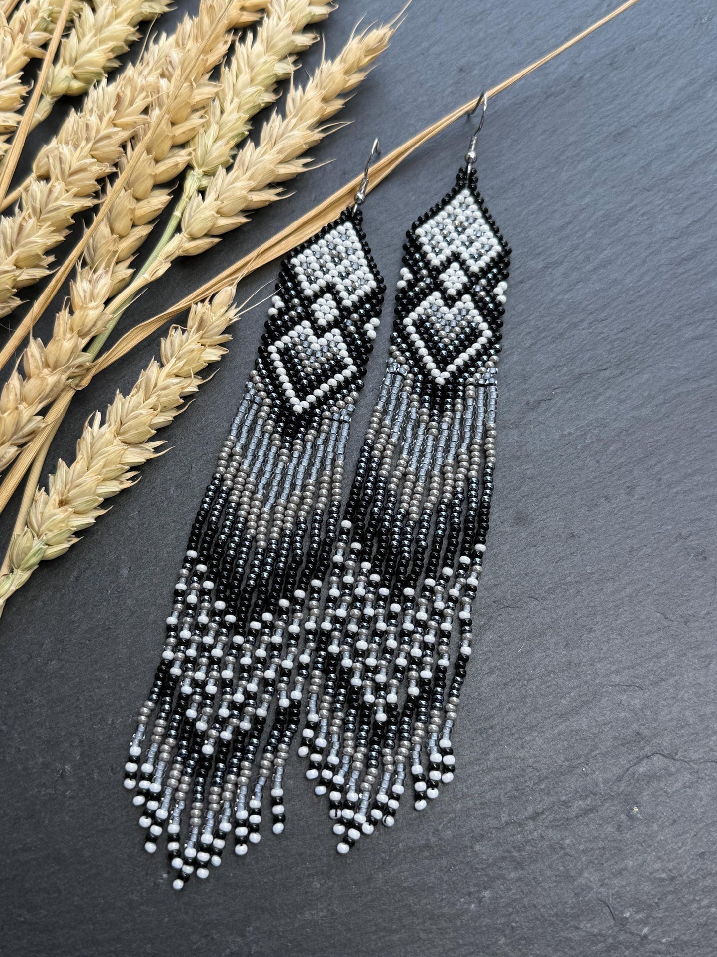 Long black and gray beaded fringe earrings in Native American style. Handmade statement earrings for women, unique ethnic design and perfect gift image 5