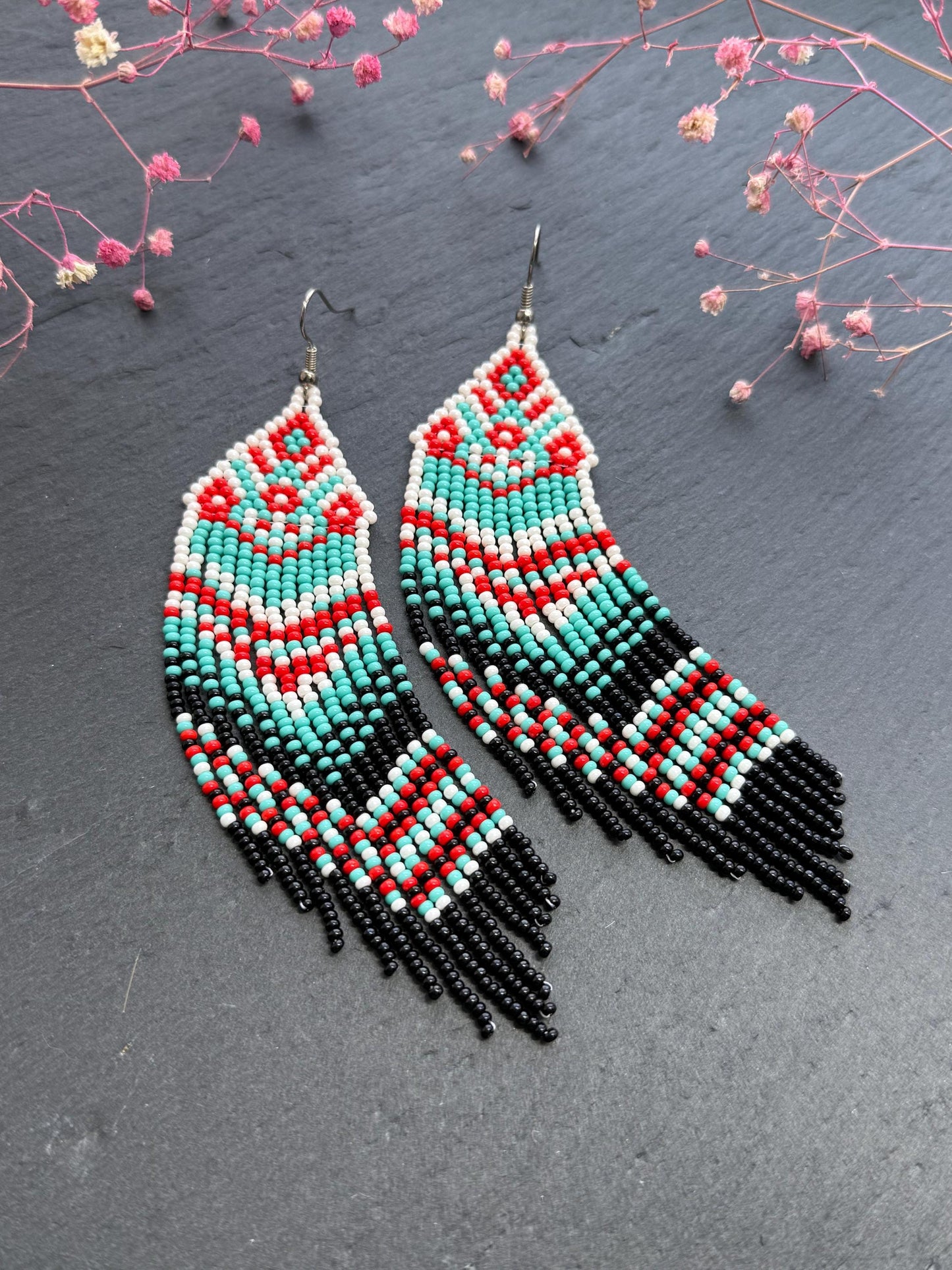 Handmade long bright beaded fringe earrings in red, black and turquoise. Native American motif, boho statement dangle earrings for women, unique gift for her image 8