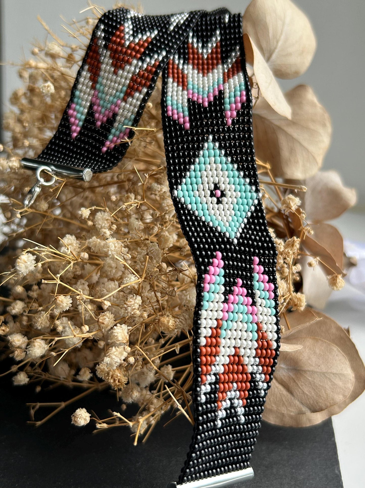 Unique handmade black beaded choker with geometric ornament in turquoise, pink, beige, and silver tones. Native American style boho statement choker necklace with adjustable chain image 3