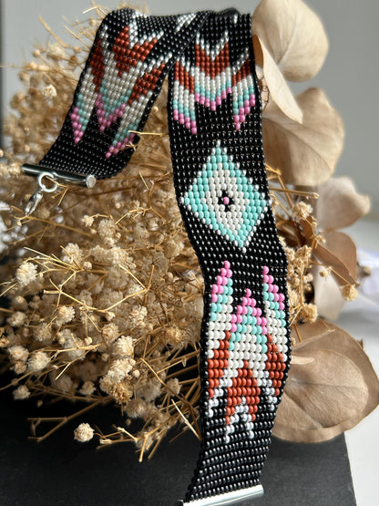 Unique handmade black beaded choker with geometric ornament in turquoise, pink, beige, and silver tones. Native American style boho statement choker necklace with adjustable chain image 3