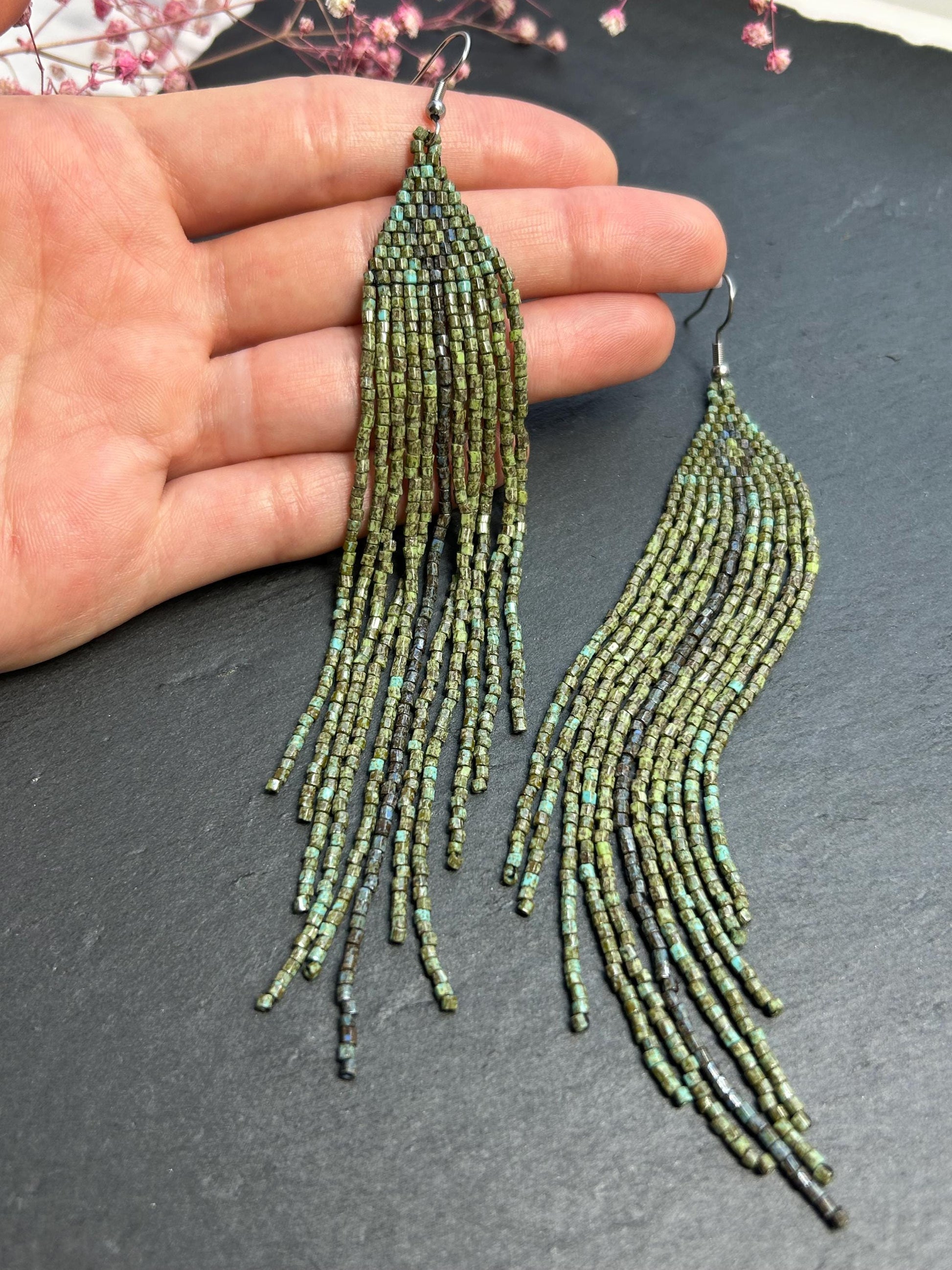 Long handmade green beaded earrings with fringe. Boho statement jewelry in natural shades, unique accessory for minimalist and artistic style image 5