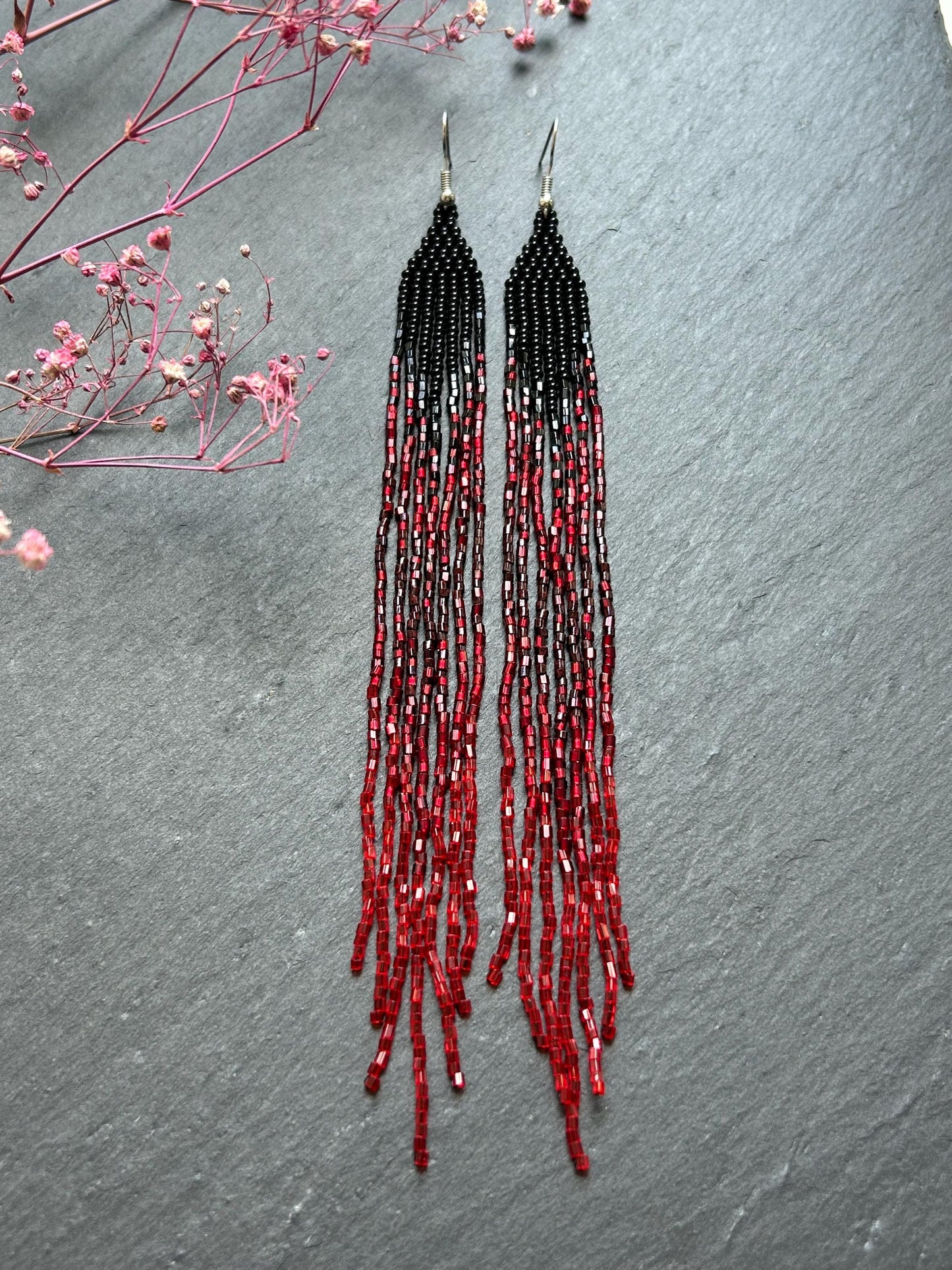 Long handmade black and red ombre beaded earrings with flowing fringe. Boho statement jewelry, unique artisanal accessory for bold everyday or evening style image 3