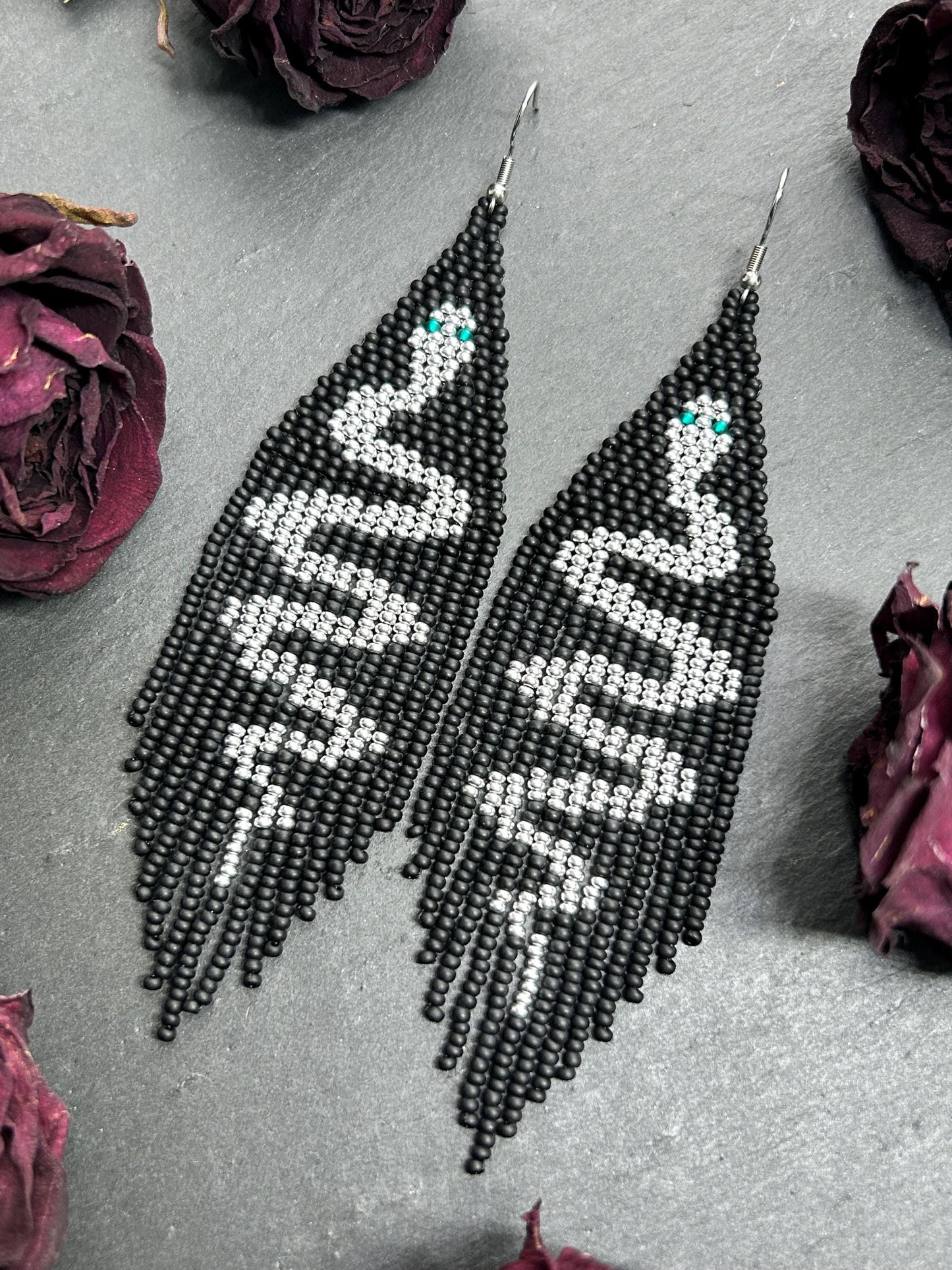 Handmade long black beaded earrings with silver snake design and boho fringe. Unique statement jewelry, elegant contrast, perfect gift for lovers of artisan style image 9