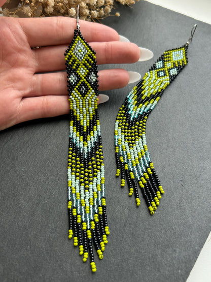 Long black, green, and mint green beaded earrings with Native American ethnic design and fringe. Handmade boho earrings for women, unique earrings for women image 6
