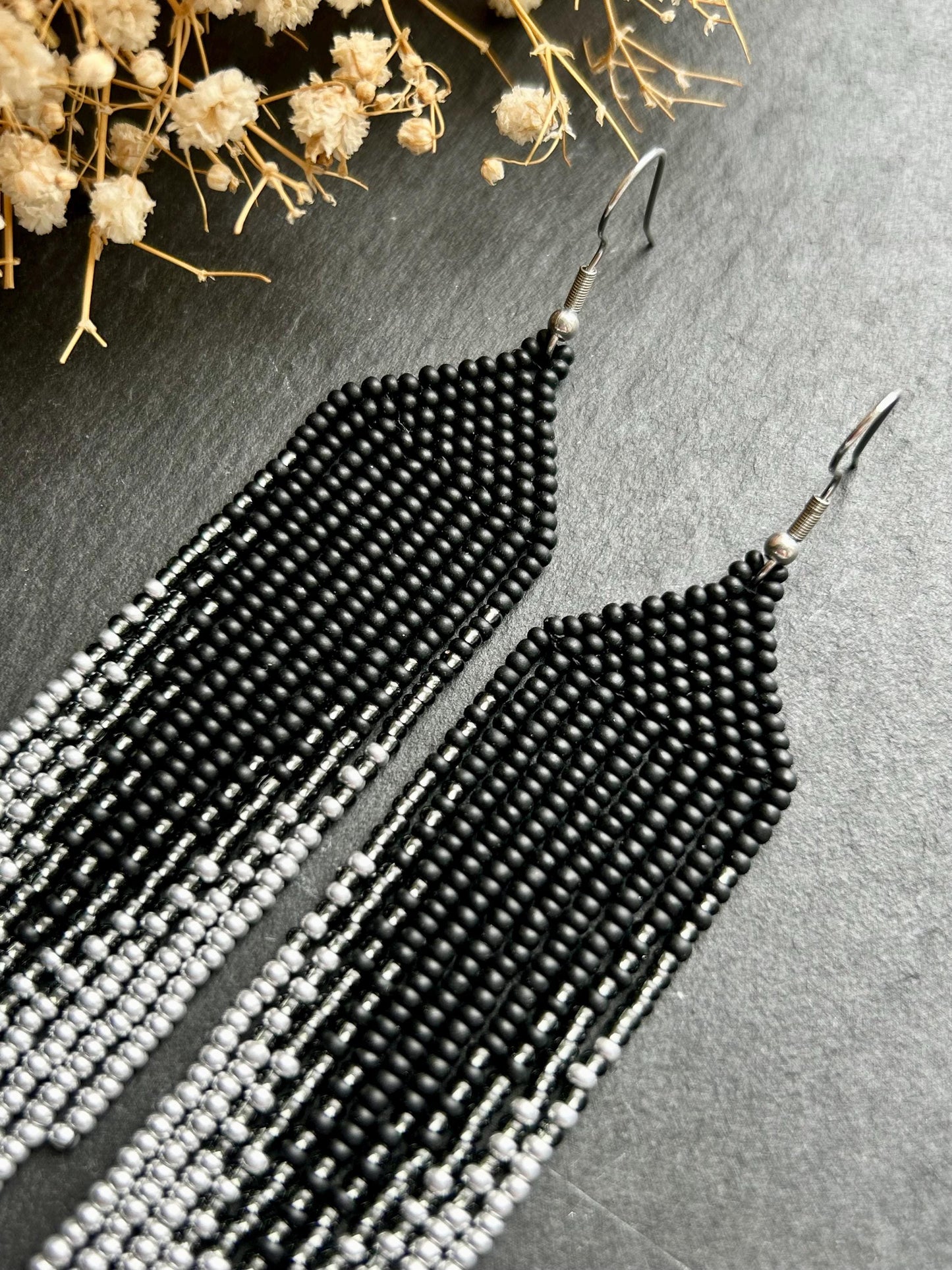 Long black matte beaded earrings with silver ombre fringe. Unique, vibrant, cute statement handmade boho earrings for women, eye-catching and perfect as a gift for her or for everyday wear image 5