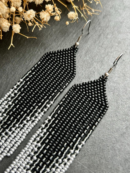 Long black matte beaded earrings with silver ombre fringe. Unique, vibrant, cute statement handmade boho earrings for women, eye-catching and perfect as a gift for her or for everyday wear image 5