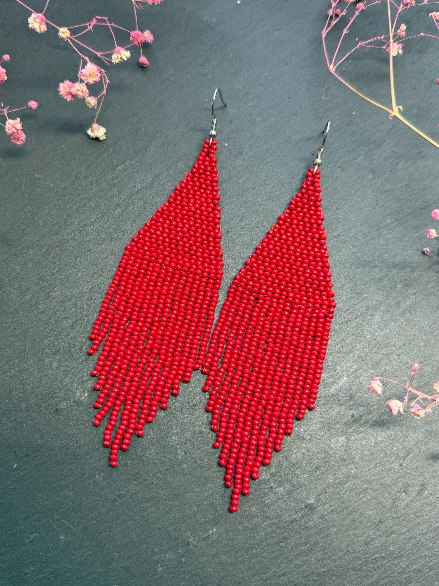 Unique handmade long red beaded dangle earrings with fringe in bright boho style. Modern statement jewelry for women, perfect gift for her imade 3