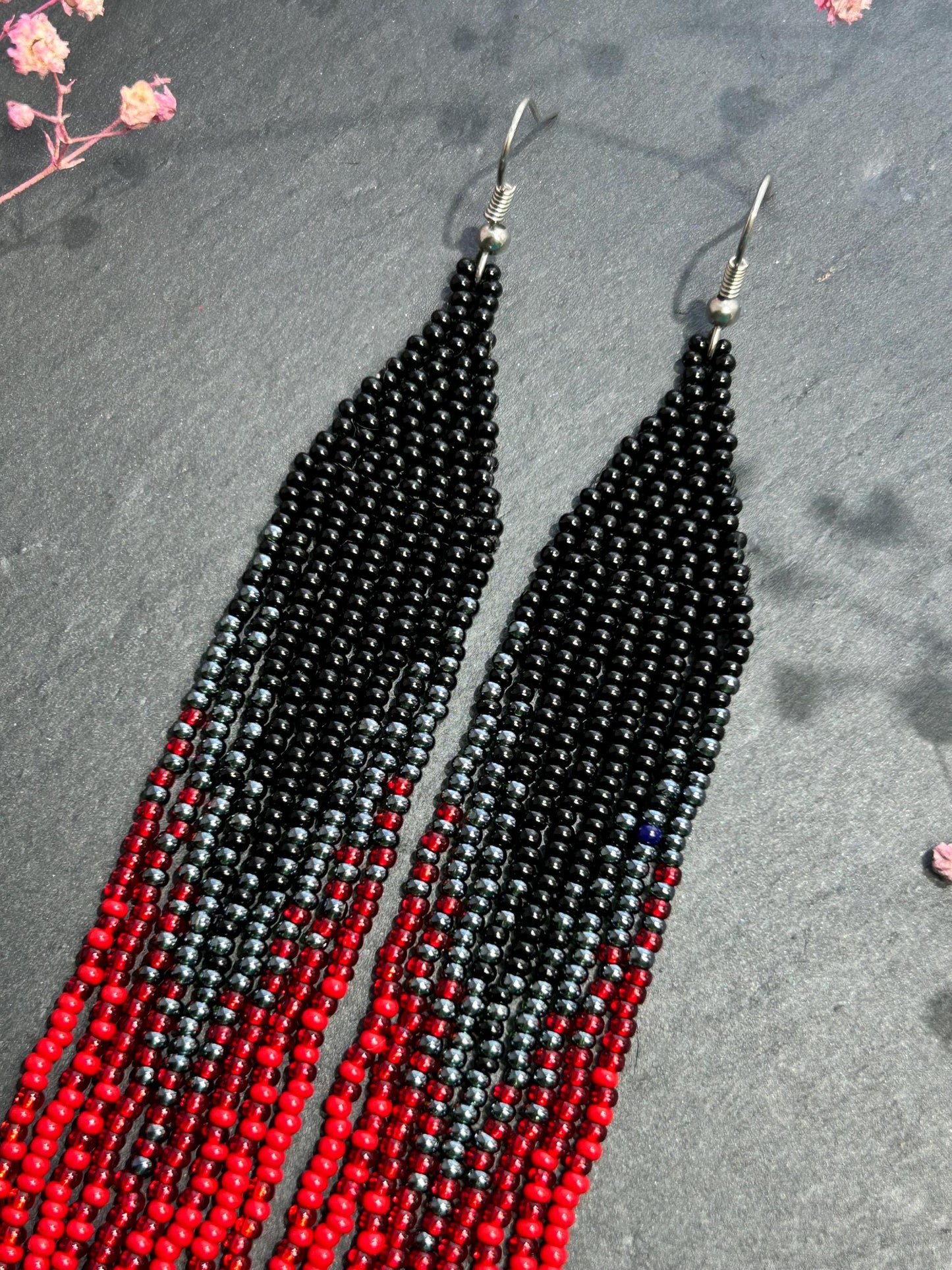 Long black and red ombre handmade beaded earrings with flowing fringe. Unique boho statement jewelry, perfect gift for women image 4