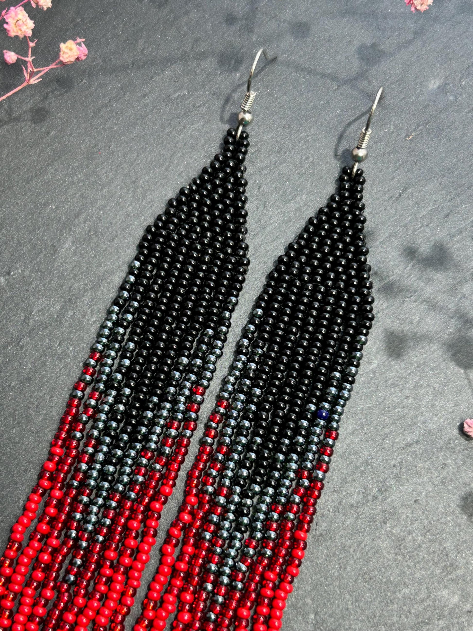 Long black and red ombre handmade beaded earrings with flowing fringe. Unique boho statement jewelry, perfect gift for women image 4
