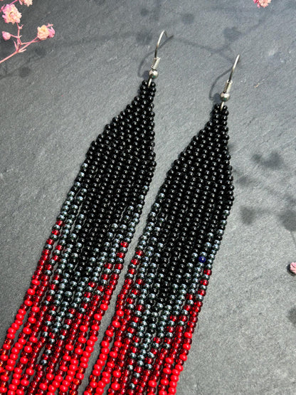 Long black and red ombre handmade beaded earrings with flowing fringe. Unique boho statement jewelry, perfect gift for women image 4